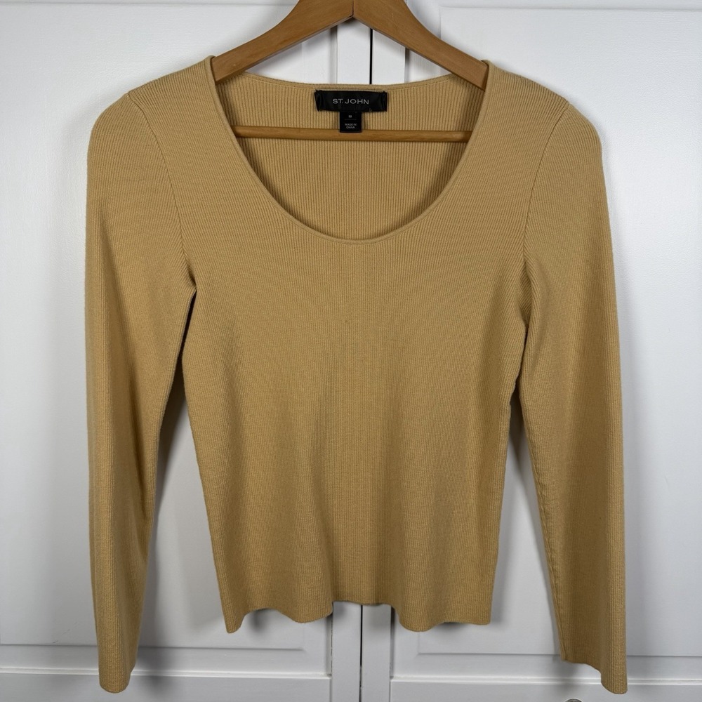 St. John Sweater Women's Medium Ribbed Scoop Neck Long Sleeve Top Mustard Wool